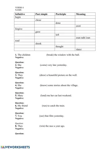 Irregular verbs test