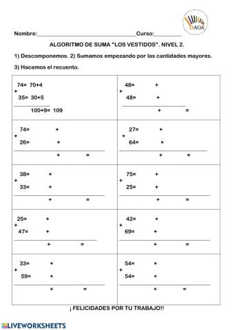 Algoritmo de suma Los Vestidos. Nivel 2. OAOA