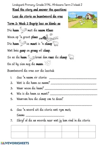 Grade 3: FAL Afrikaans: Term 2 Week 2 Worksheet 1: klank aa