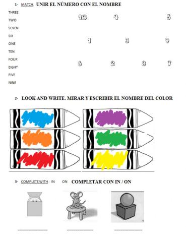 Revision : colours, numbers 1-10, in-on