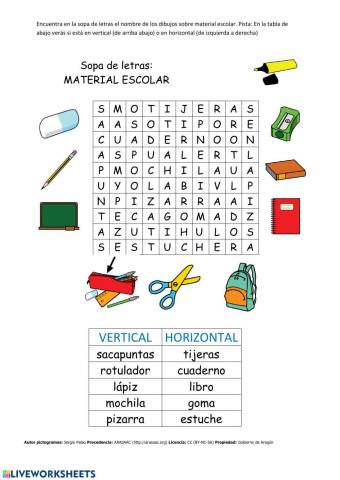 Sopa de letras material escolar