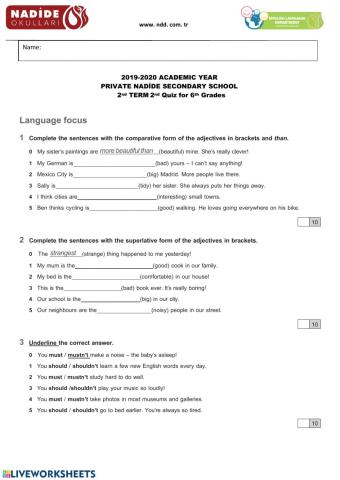 Nadide Yabancı Dil- 4th Unit Quiz