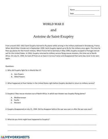 Antoine de Saint Exupery and World War II