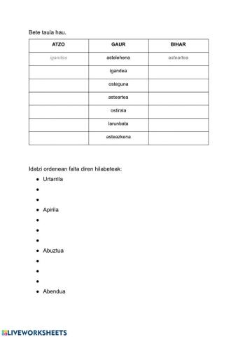 Asteko egunak eta hilabeteak