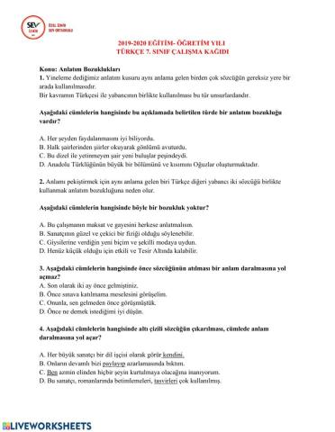 Anlatım Bozuklukları Ödev