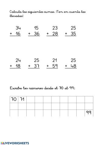 sumas con llevadas y números de 70 a 90