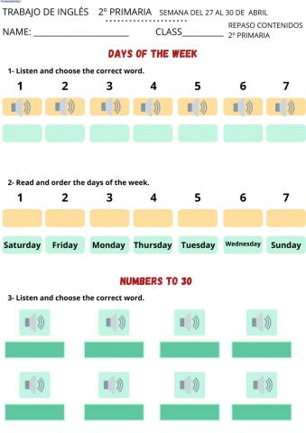 Days of the week and numbers to 30