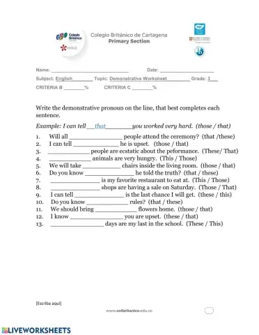 Demonstrative Pronoun Worksheet