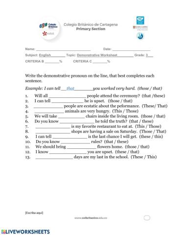 Demonstrative Pronoun Worksheet