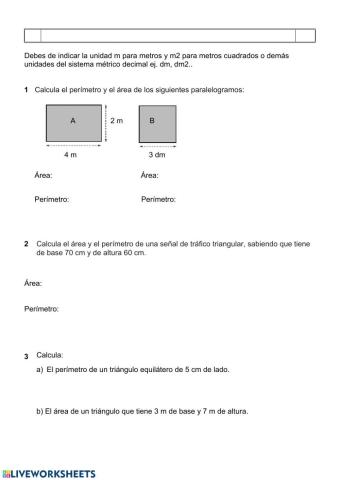 Área y perímetros de cuadrado, rectángulo y triángulo.