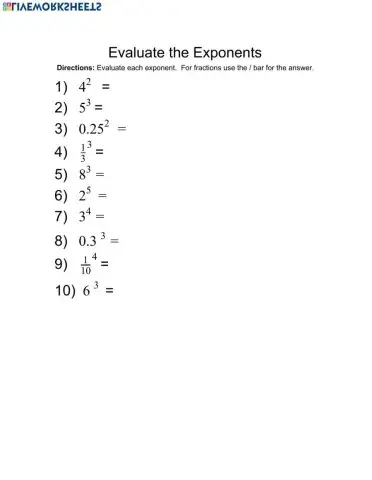 Evaluating Exponents 1