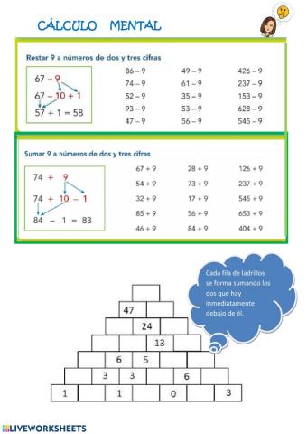 cálculo mental más menos 9