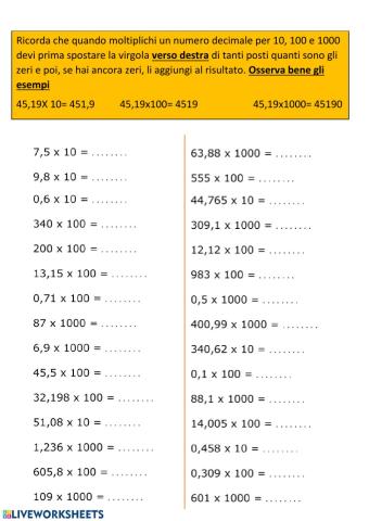 Moltiplicazioni per 10,100, 1000