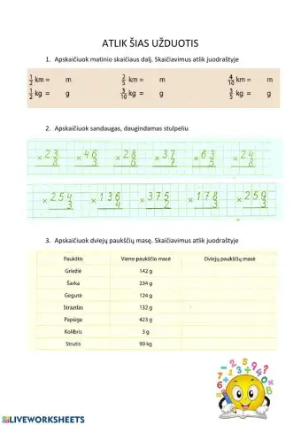 Kartojimas 3 kl. Daugyba stulpeliu