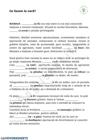 Descriere Mamaia-conjugarea verbelor- Exerciții