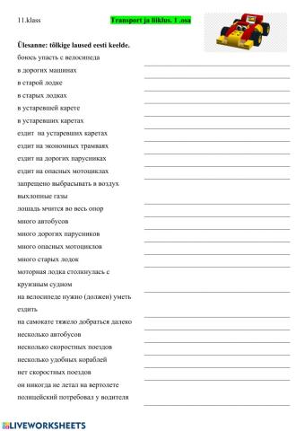 11.klass -Transport ja liiklus.1.osa. Harjutame