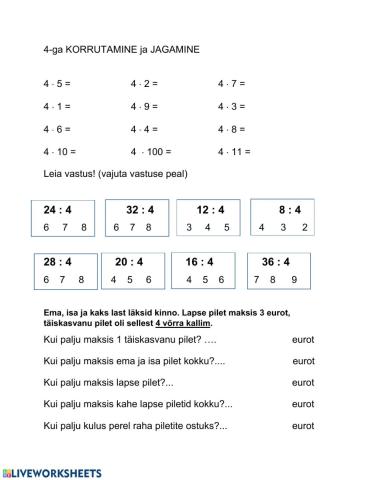 4-ga korrutamine ja jagamine