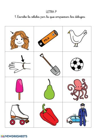 Letra P. Escribe la primera sílaba de cada dibujo