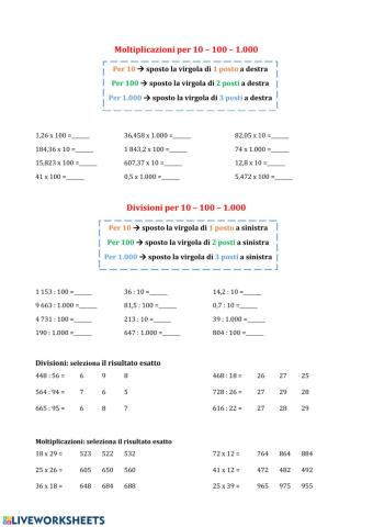 Moltiplicazioni e Divisioni con numeri decimali