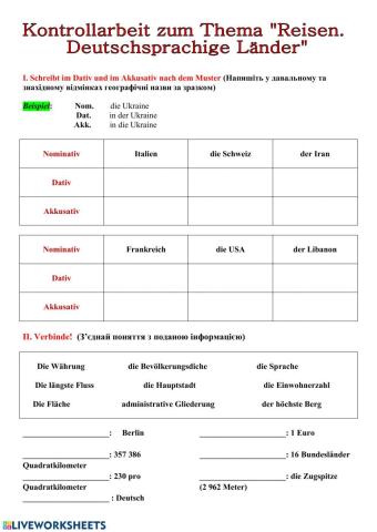 Kontrollarbeit zum Thema -Reisen. Deutsprachige Länder