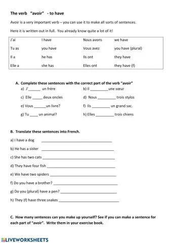 Practising the verb avoir