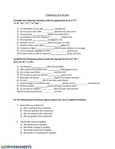 Prépositions À et De Quiz