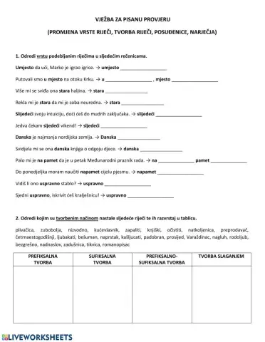 Vježba: promjena vrste riječi, tvorba riječi, posuđenice, narječja