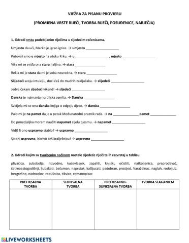 Vježba: promjena vrste riječi, tvorba riječi, posuđenice, narječja