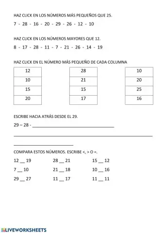 Numeración hasta 29