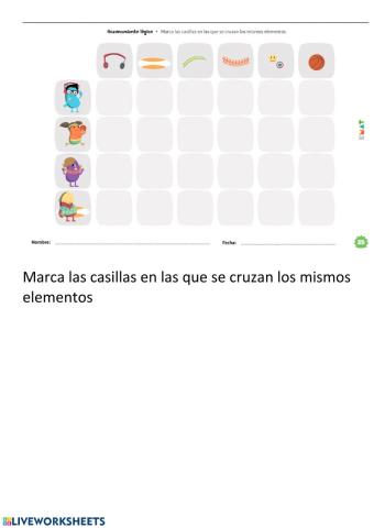 Marca las casillas en las que se cruzan los mismos elementos