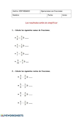 Operaciones con fracciones, para mi cole