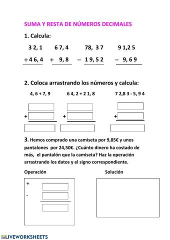 Suma y resta números decimales