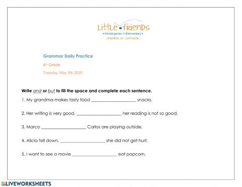 Grammar Practice, Conjunctions, Tuesday May 5th 2020.