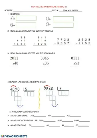 Control Matemáticas.Unidad 10