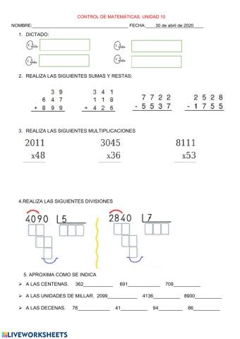 Control Matemáticas.Unidad 10