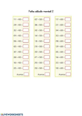 Ficha cálculo mental 2