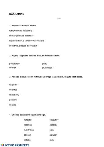 Käänamine. Kontrolltöö 7. klassile