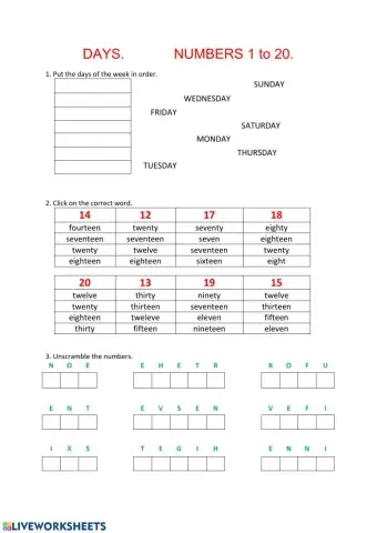 Days and numbers 1-20
