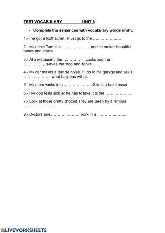 Test vocabulary unit 8