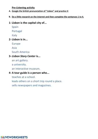 Pre listening for Lisbon liveworksheet