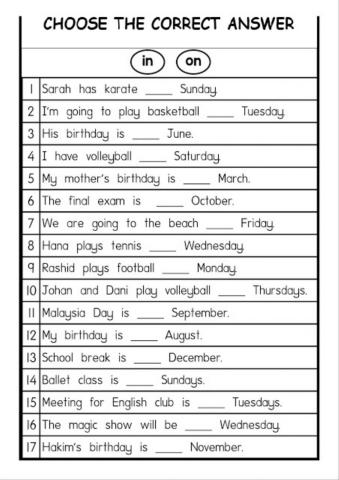 Preposition of time (in, on)