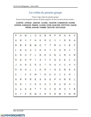 Mots mêlés - Verbes 1er groupe