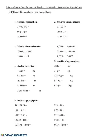 Kümnendmurdude ümardamine, võrdlemine, korrutamine ja jagamine järguühikuga