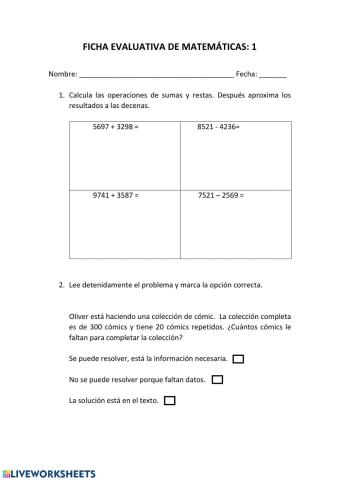 Ficha evaluativa matematicas 1