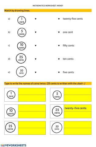 Worksheet 8 RECOGNISE MONEY IN CENTS