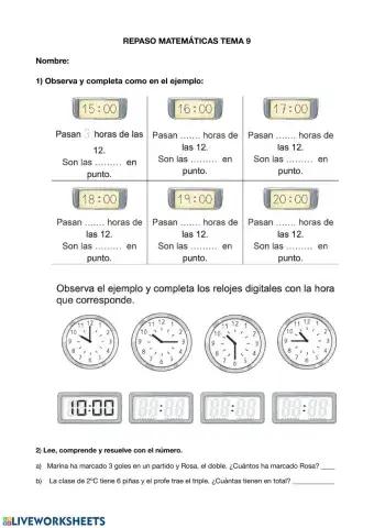 Repaso matemáticas. Hora digital, doble y triple, tabla 4.