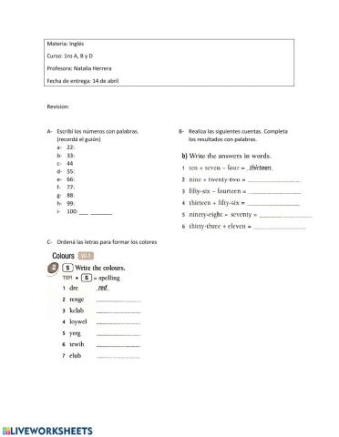 Vocabulary (colors - numbers- days of the week)