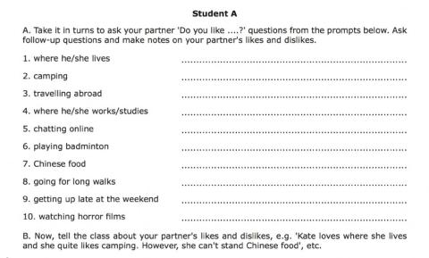 Likes and Dislikes discussion worksheet student B