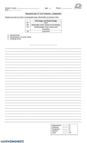 Placement test 5th to 6th Intensive Composition