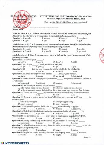 Đề minh họa 2020